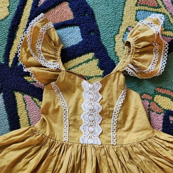 Girls' Mustard Yellow Lace-Trim Party Dress - Picture 2 of 9